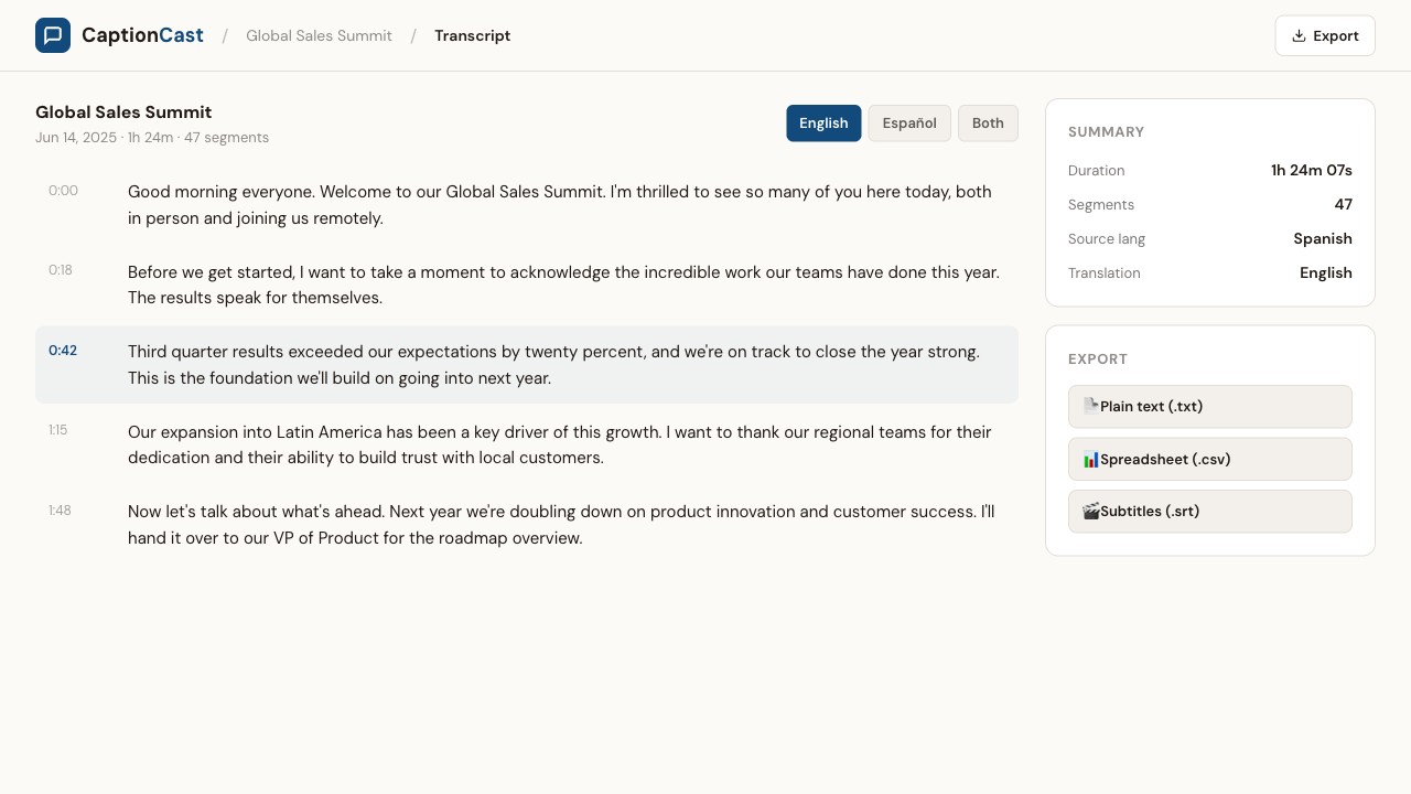 Transcript playback and review screen